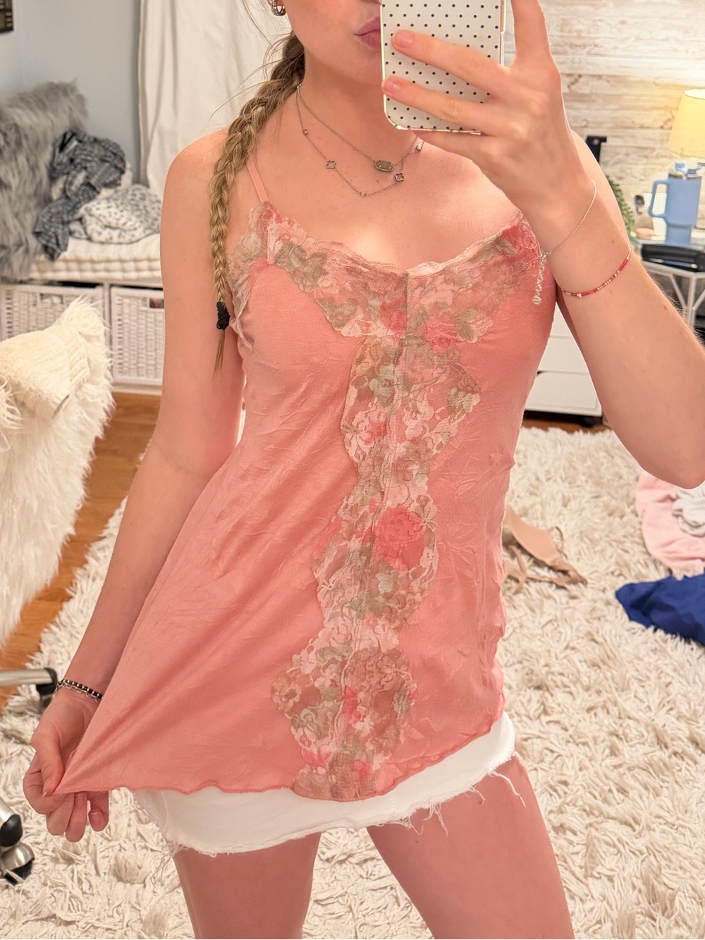 Vintage Floral Lace Trim Pink Camisole Tank Top